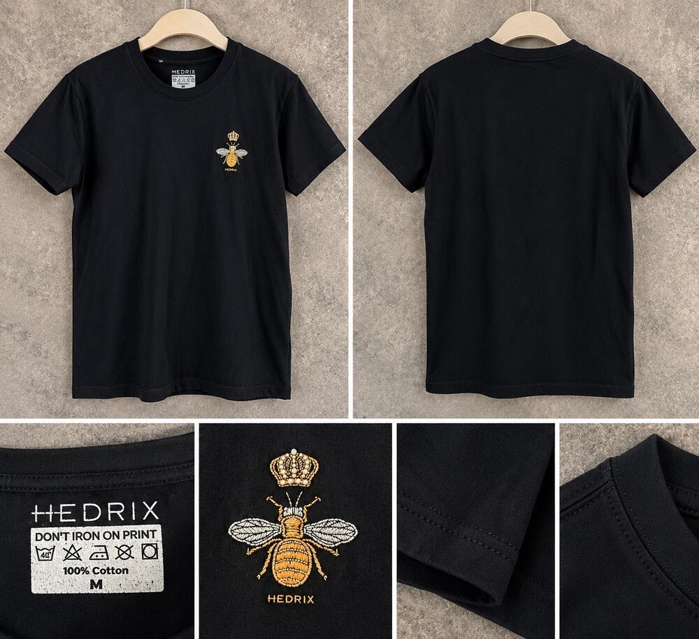 HEDRIX Men’s Black Gold Crown Bee Embroidered Cotton T-Shirt Size M